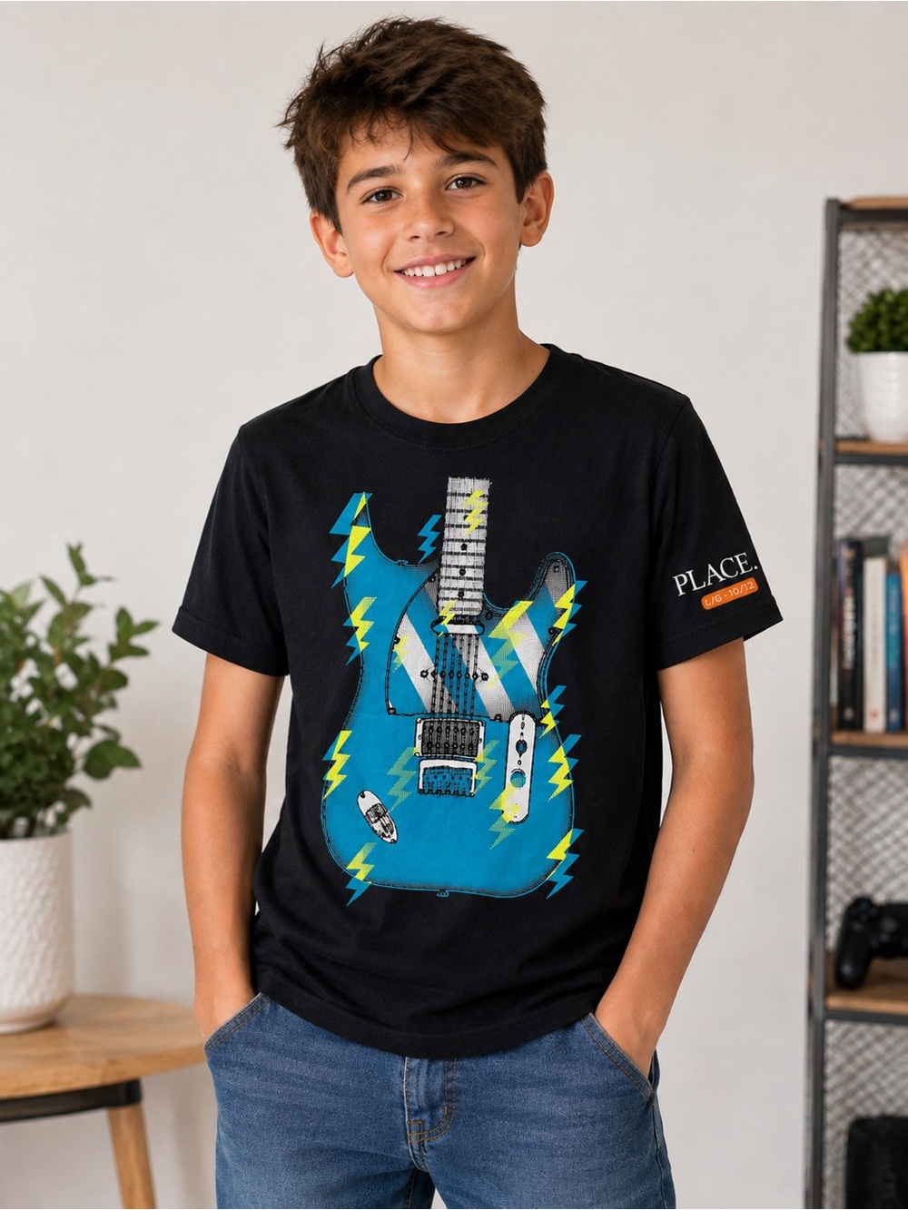 Place Boys Large 10/12 Electric Guitar Graphic T-Shirt 100% Cotton Rock Music
